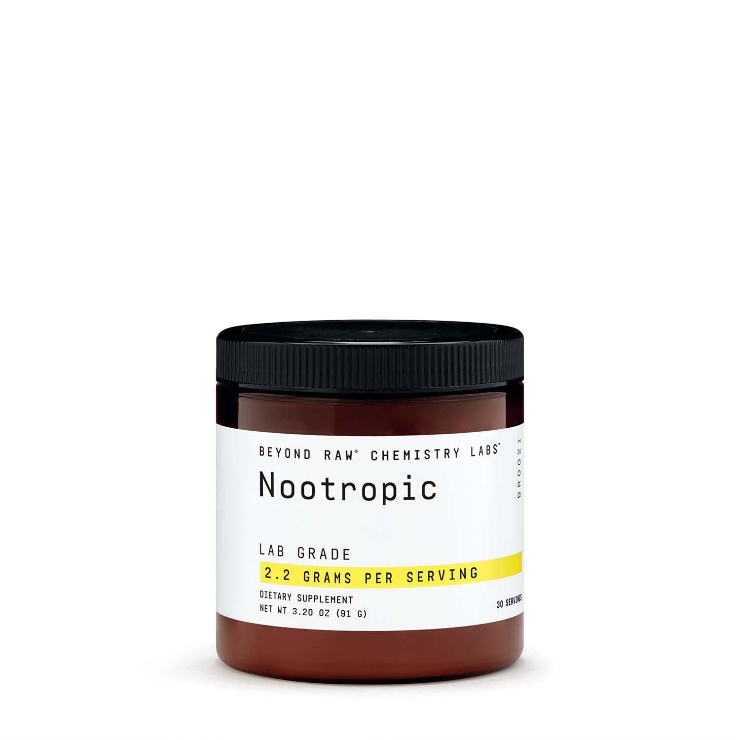 Beyond Raw Chemistry Labs Nootropic powder bottle showing premium formula for focus support