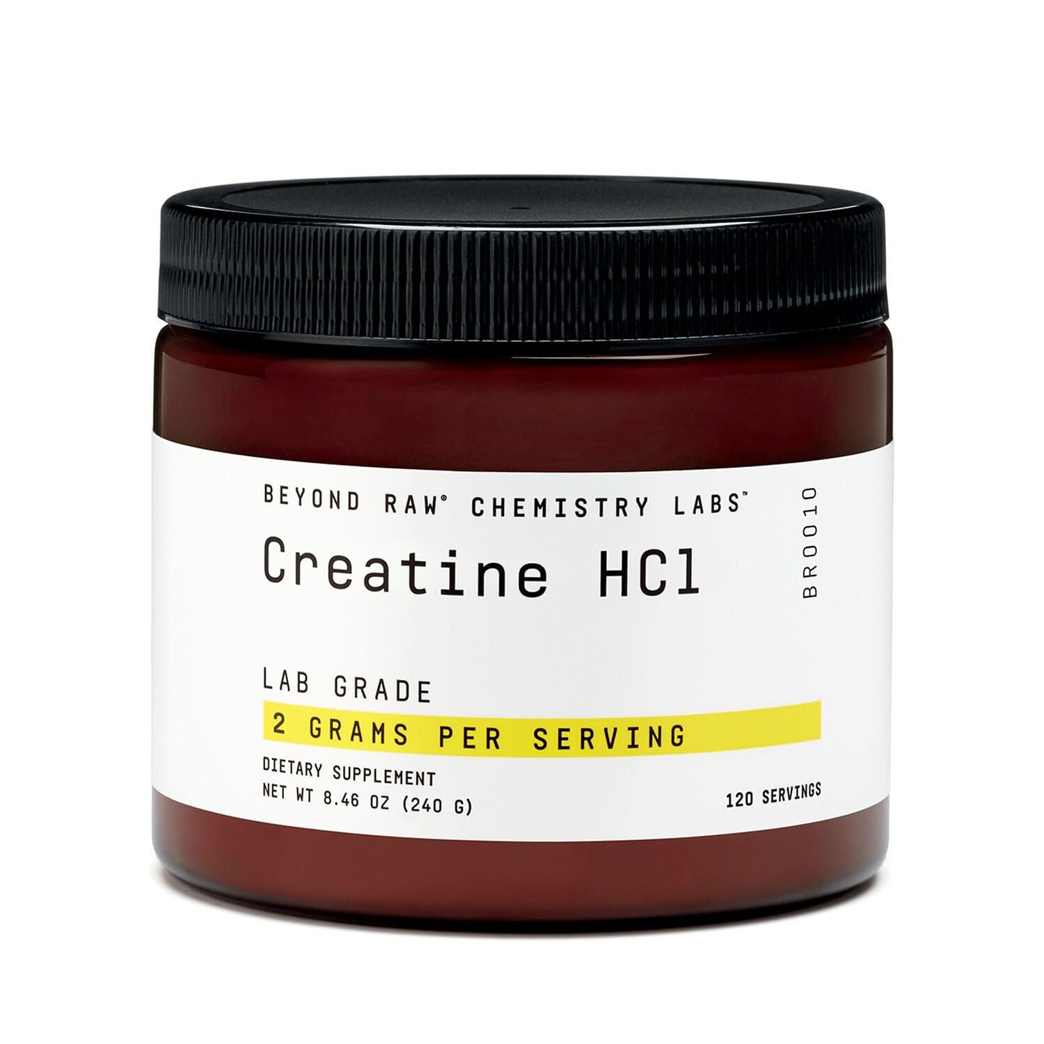 Beyond Raw Creatine HCl powder jar label shows lab-grade ingredients for purity