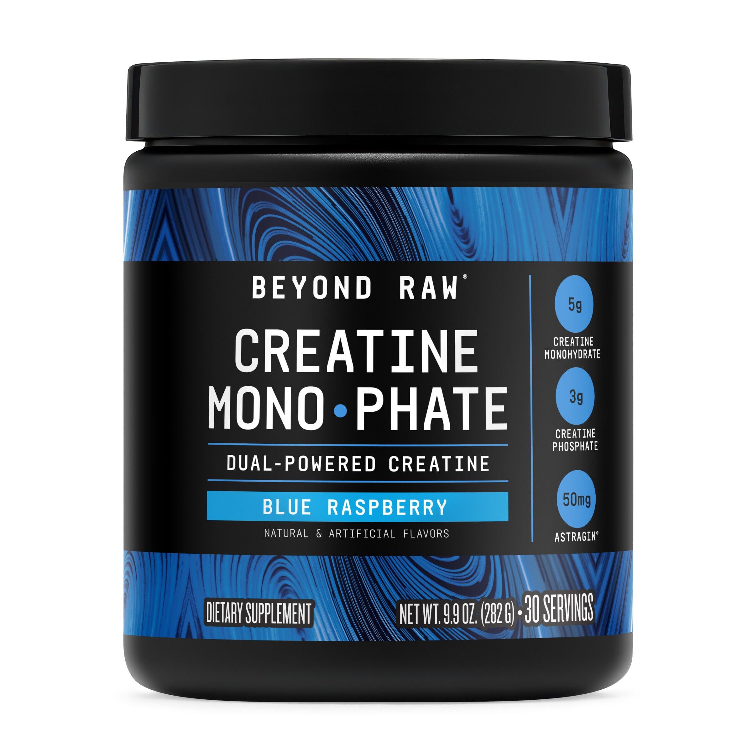 Beyond Raw Creatine Monophate blue raspberry bottle boosts workout energy.