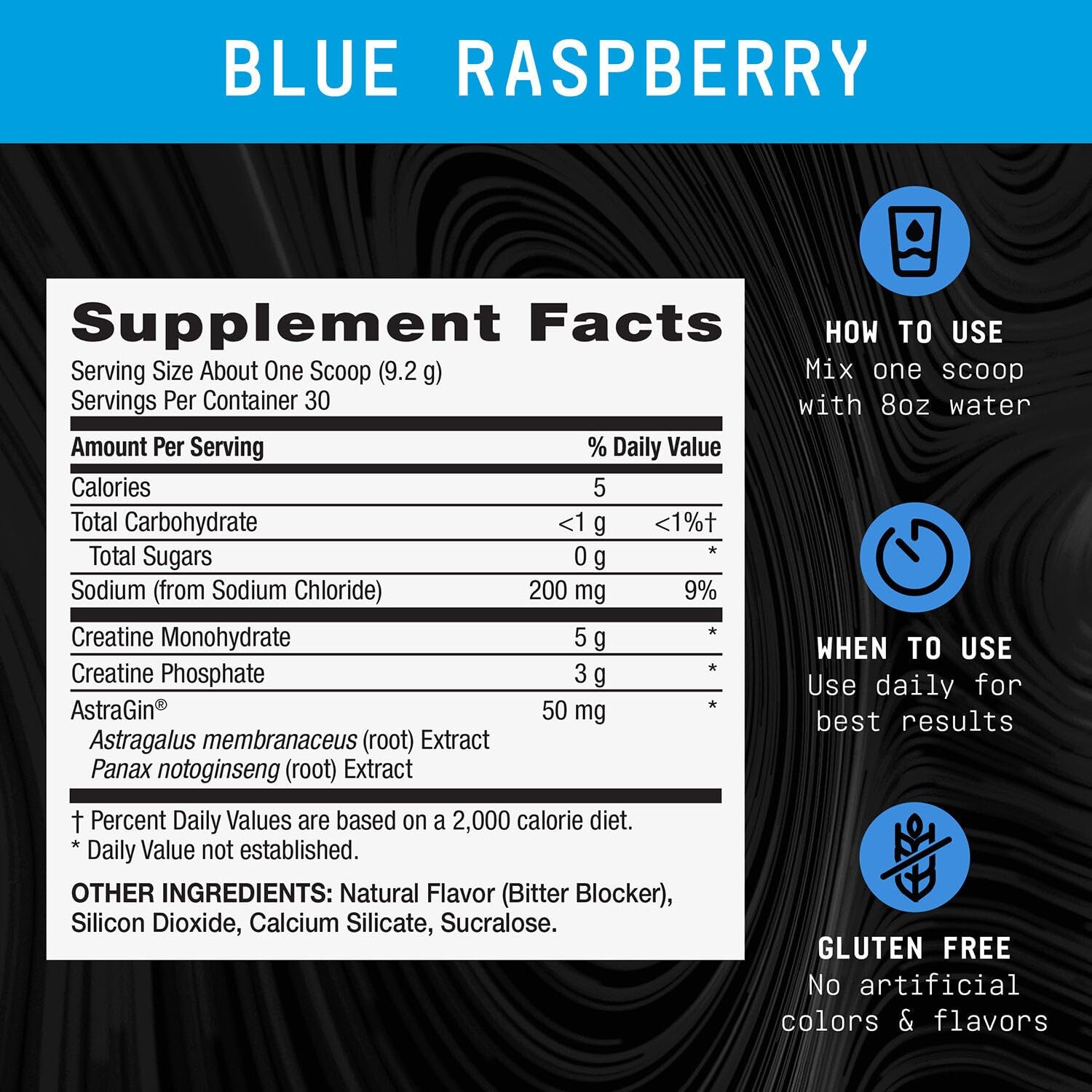 Beyond Raw Creatine Monophate blue raspberry label highlights dual creatine forms.