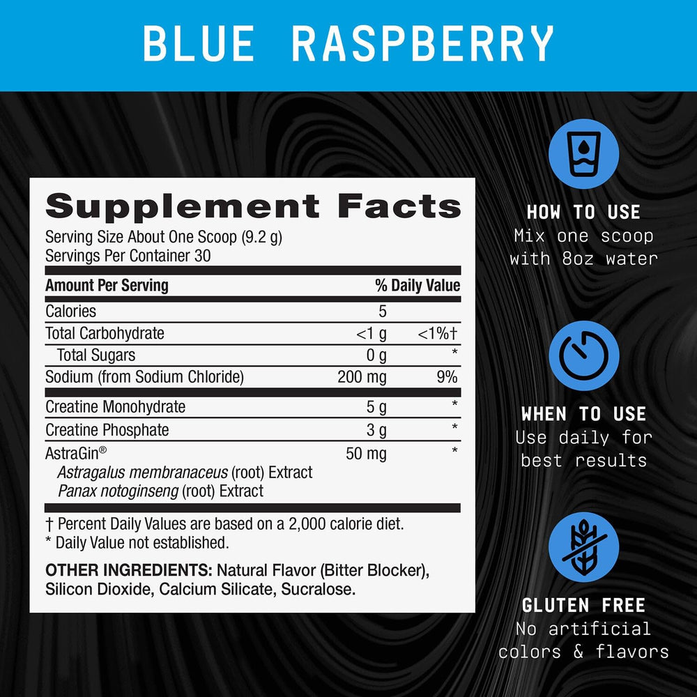 Beyond Raw Creatine Monophate blue raspberry label highlights dual creatine forms.