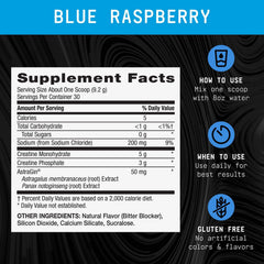 Beyond Raw Creatine Monophate blue raspberry label highlights dual creatine forms.