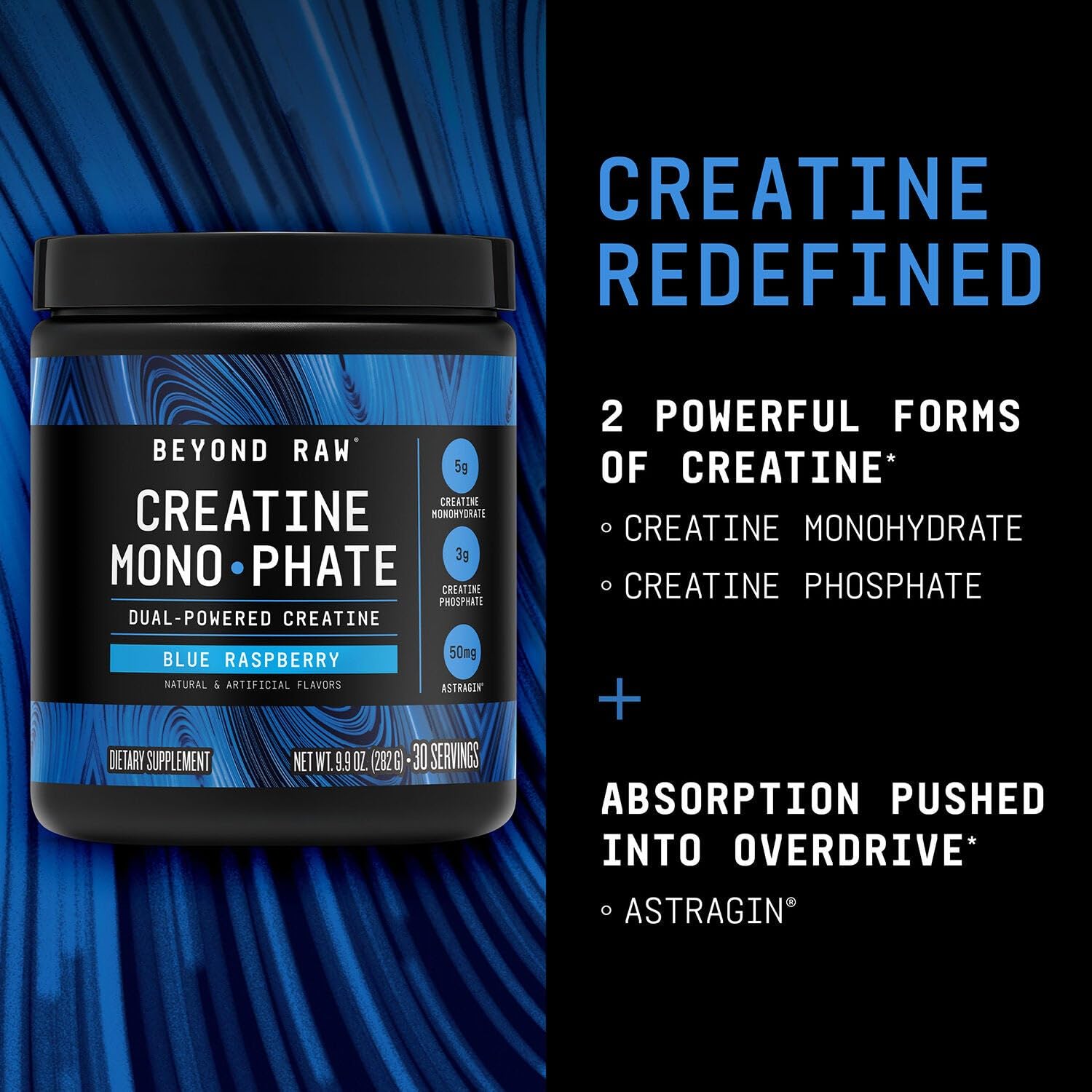 Beyond Raw Creatine Monophate blue raspberry scoop ensures precise dosing.