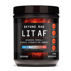 BEYOND RAW LIT ICY Fireworks tub shown for pre-workout energy and focus