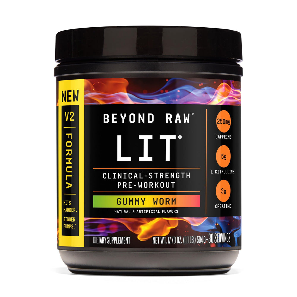 BEYOND RAW LIT V2 tub with Gummy Worm flavor, ready for intense workouts.