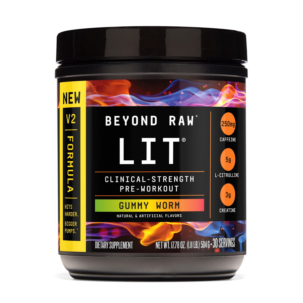BEYOND RAW LIT V2 tub with Gummy Worm flavor, ready for intense workouts.