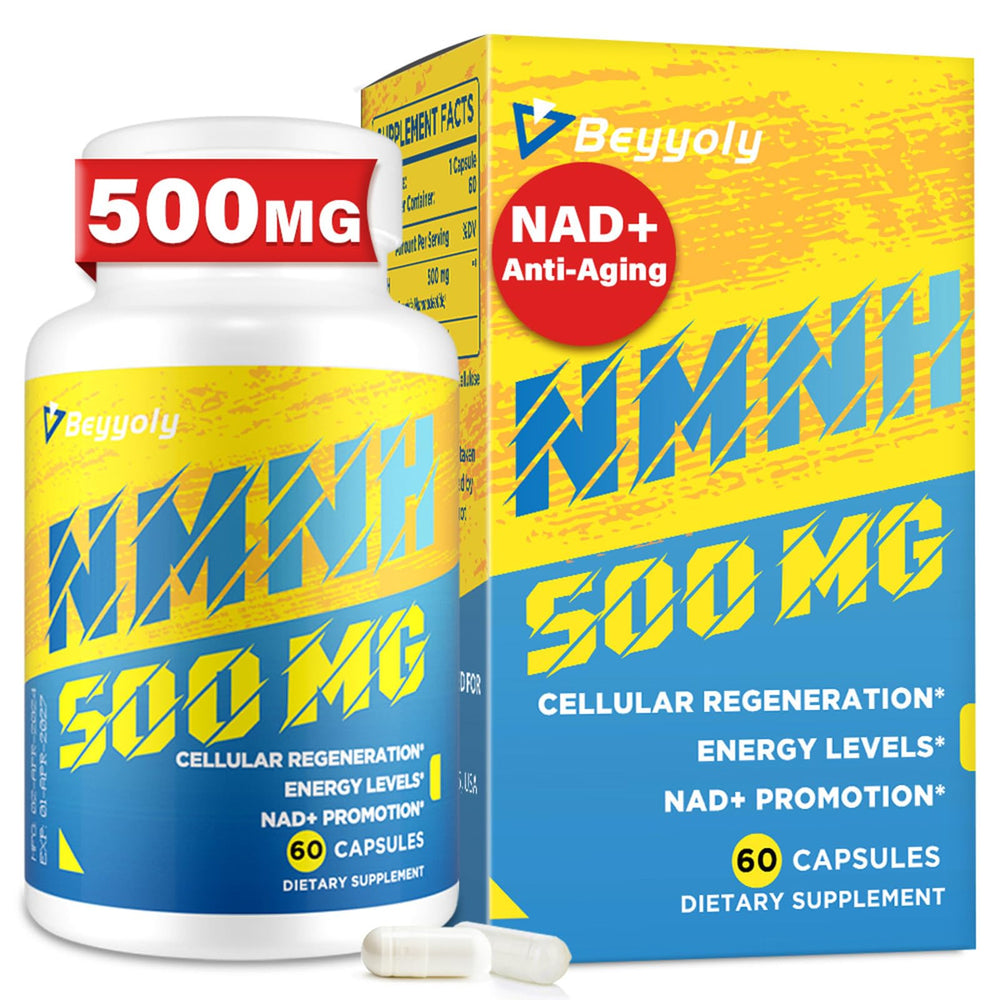 Beyyoly NMNH bottle front showing 500 mg formula for energy and healthy aging.