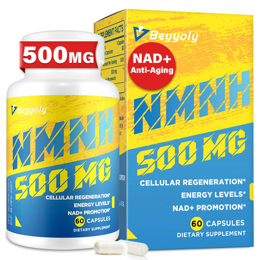 Beyyoly NMNH bottle front showing 500 mg formula for energy and healthy aging.