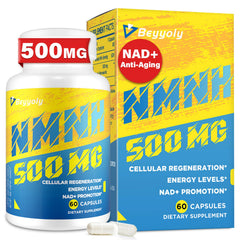Beyyoly NMNH bottle front showing 500 mg formula for energy and healthy aging.