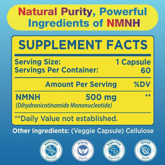 Beyyoly NMNH bottle label highlights vegan, organic, non-GMO credentials.
