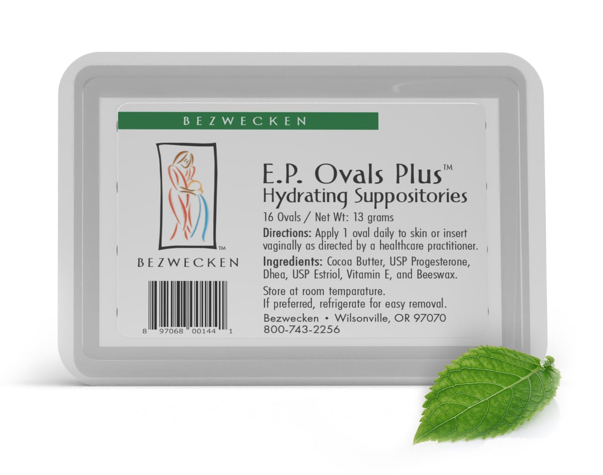 Bezwecken E.P. Ovals Plus DHEA packshot showing discrete oval suppositories for moisture support.