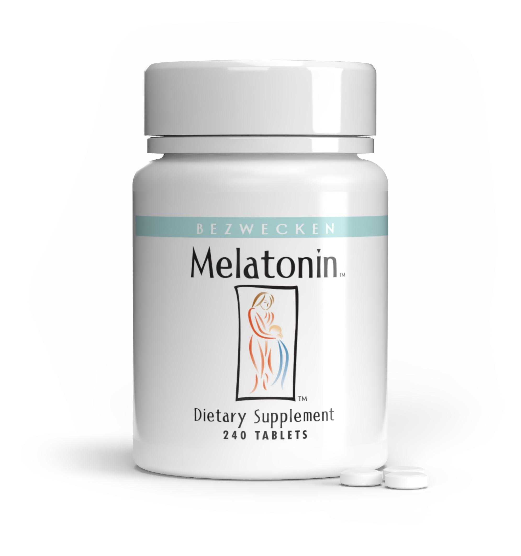 Bezwecken Melatonin bottle close-up showing compact vegetarian tablets for rest.