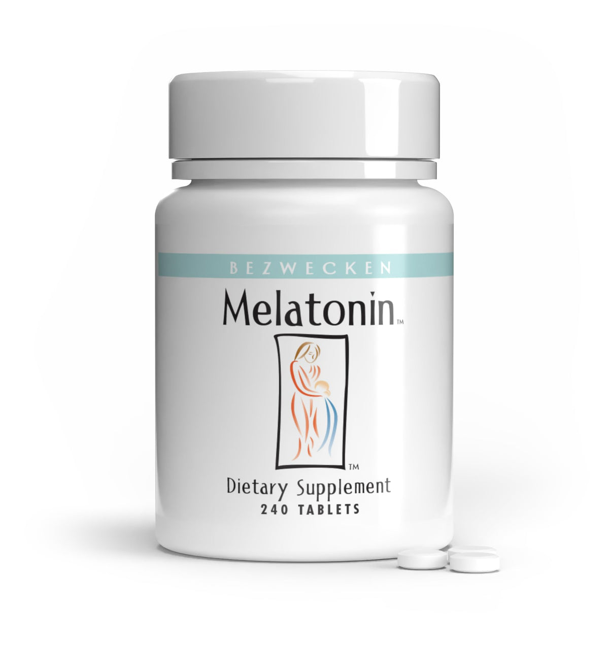 Bezwecken Melatonin bottle close-up showing compact vegetarian tablets for rest.