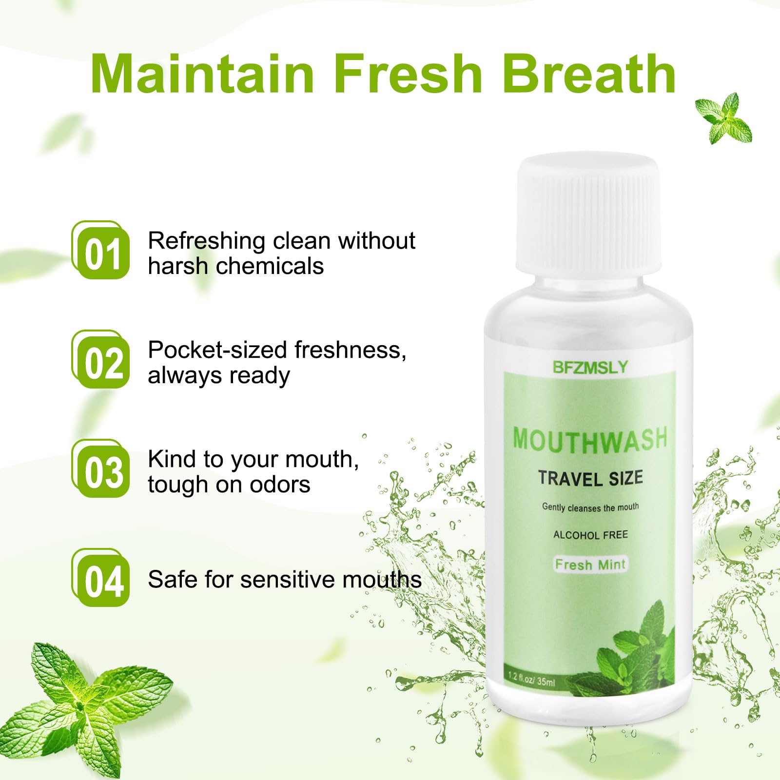 BFZMSLY mint flavor mouthwash for on-the-go freshness.