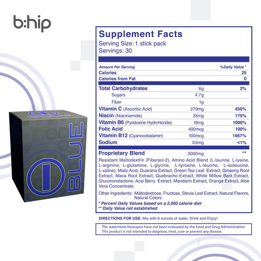 Bhip Blue Energy Blend scoop showing easy dosing for training.