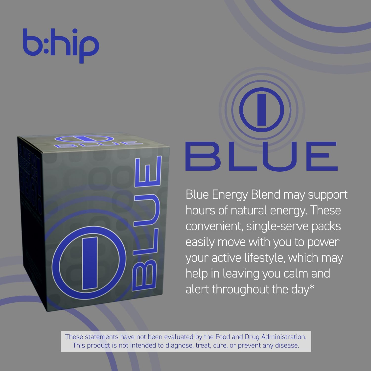 Bhip Blue Energy Blend tub label highlighting serving details.