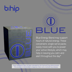 Bhip Blue Energy Blend tub label highlighting serving details.