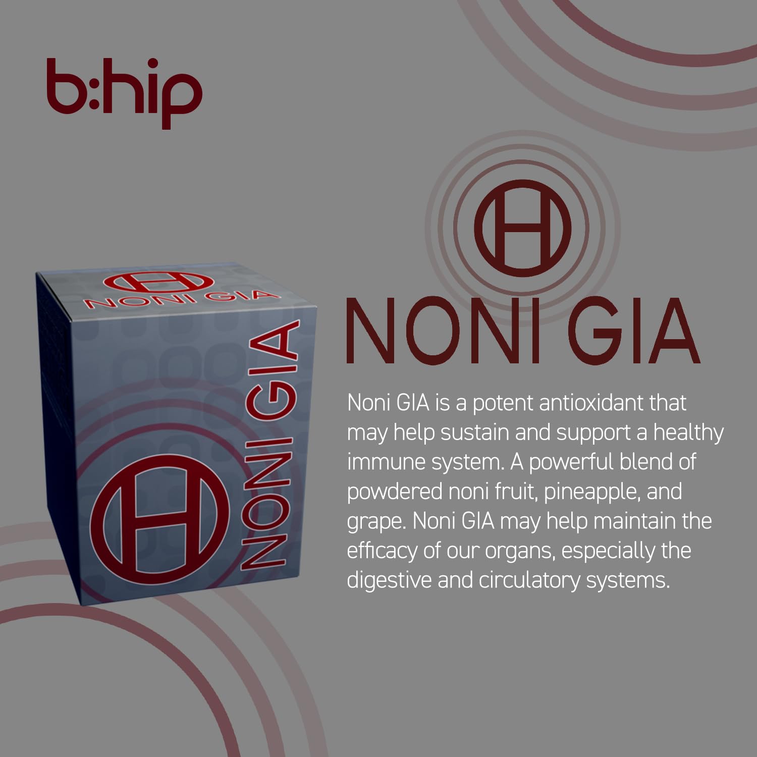 bhip Noni Gia fruit blend glass highlights tropical flavors without caffeine.