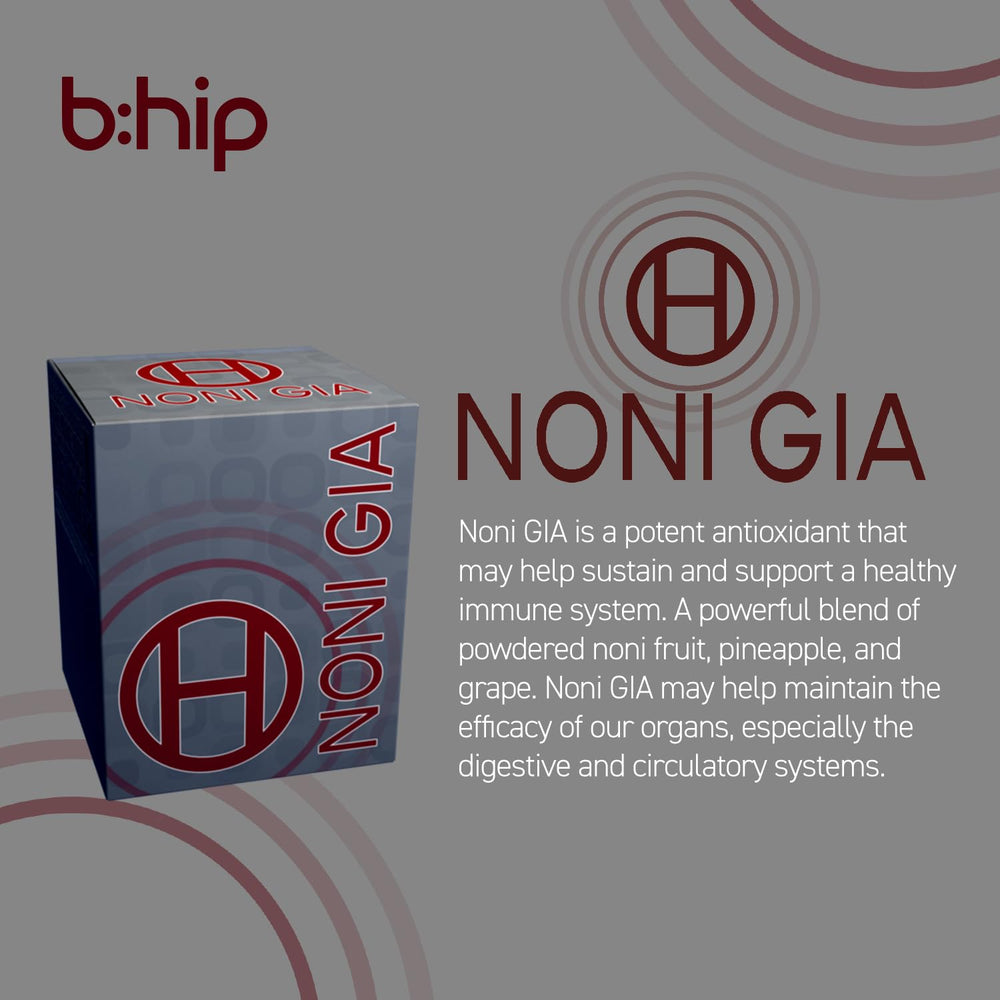 bhip Noni Gia fruit blend glass highlights tropical flavors without caffeine.