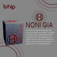 bhip Noni Gia fruit blend glass highlights tropical flavors without caffeine.