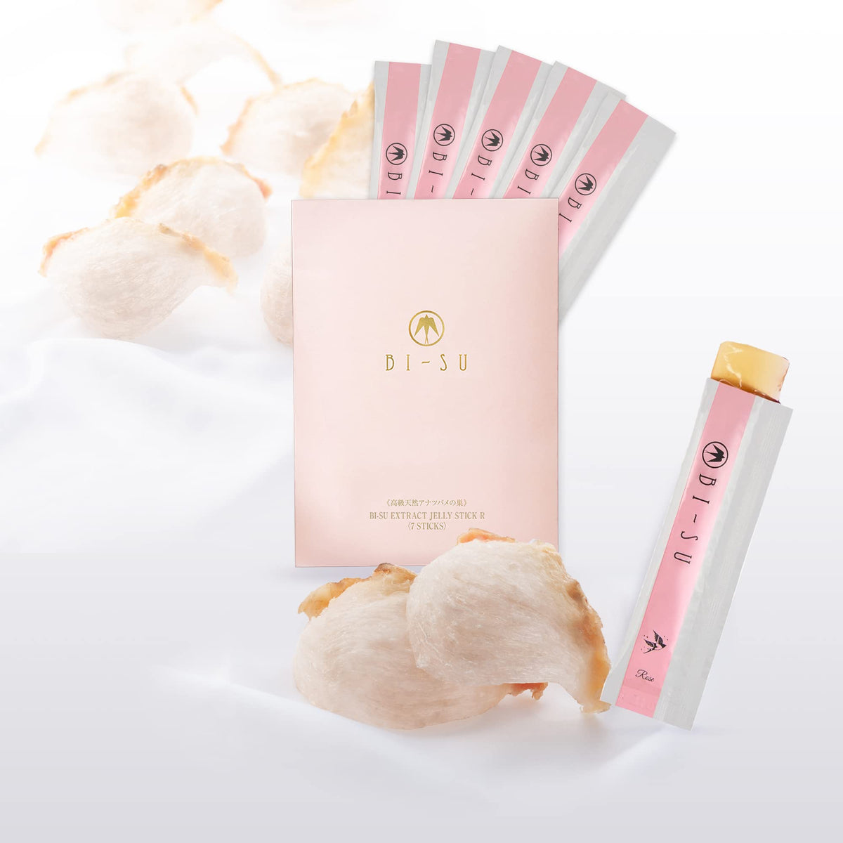 BI-SU bottle of Bird's Nest Essence Jelly Stick with rose flavor for radiant skin.