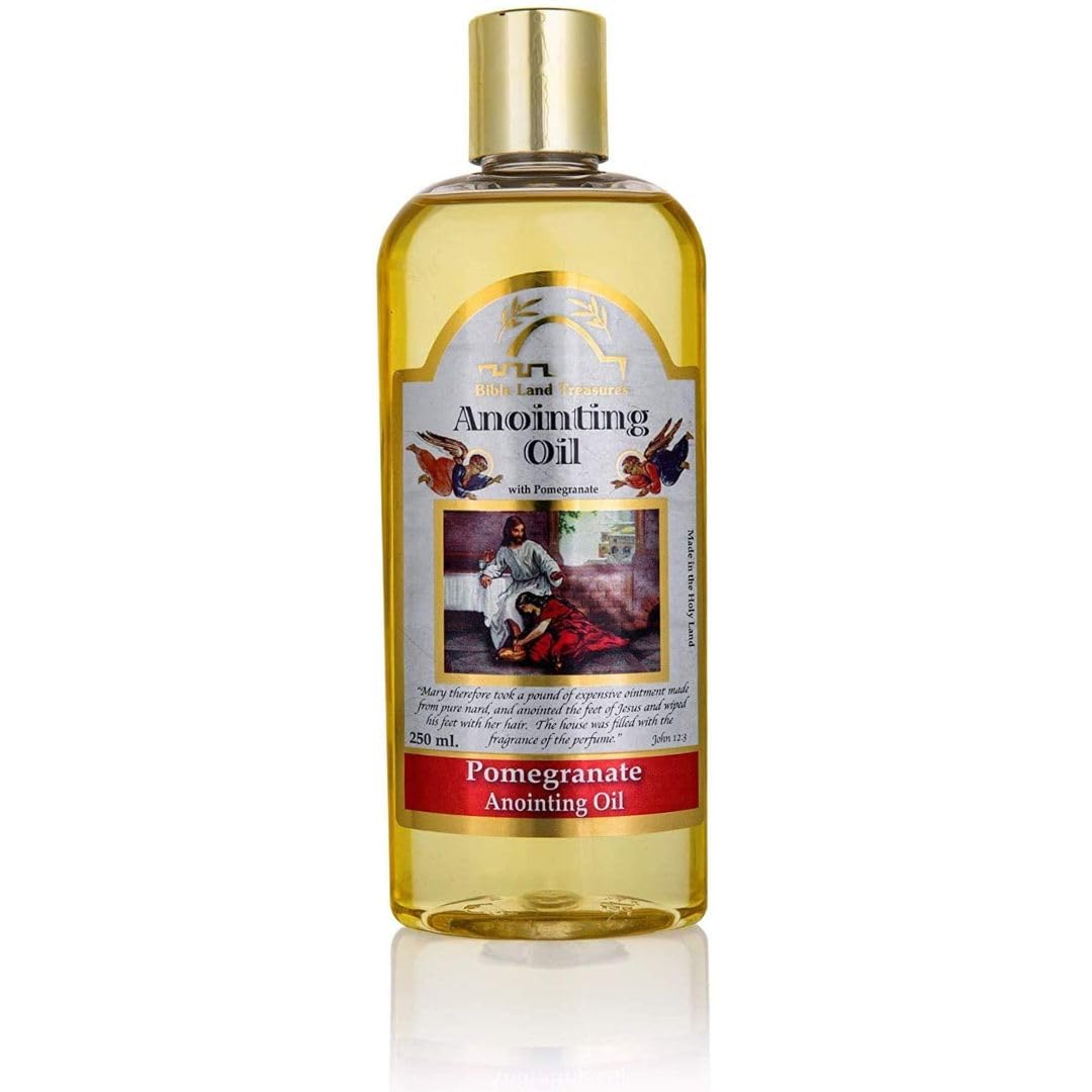 Bible Lands Treasures Anointing Oil with pomegranate bottle invites peaceful prayer and devotion.