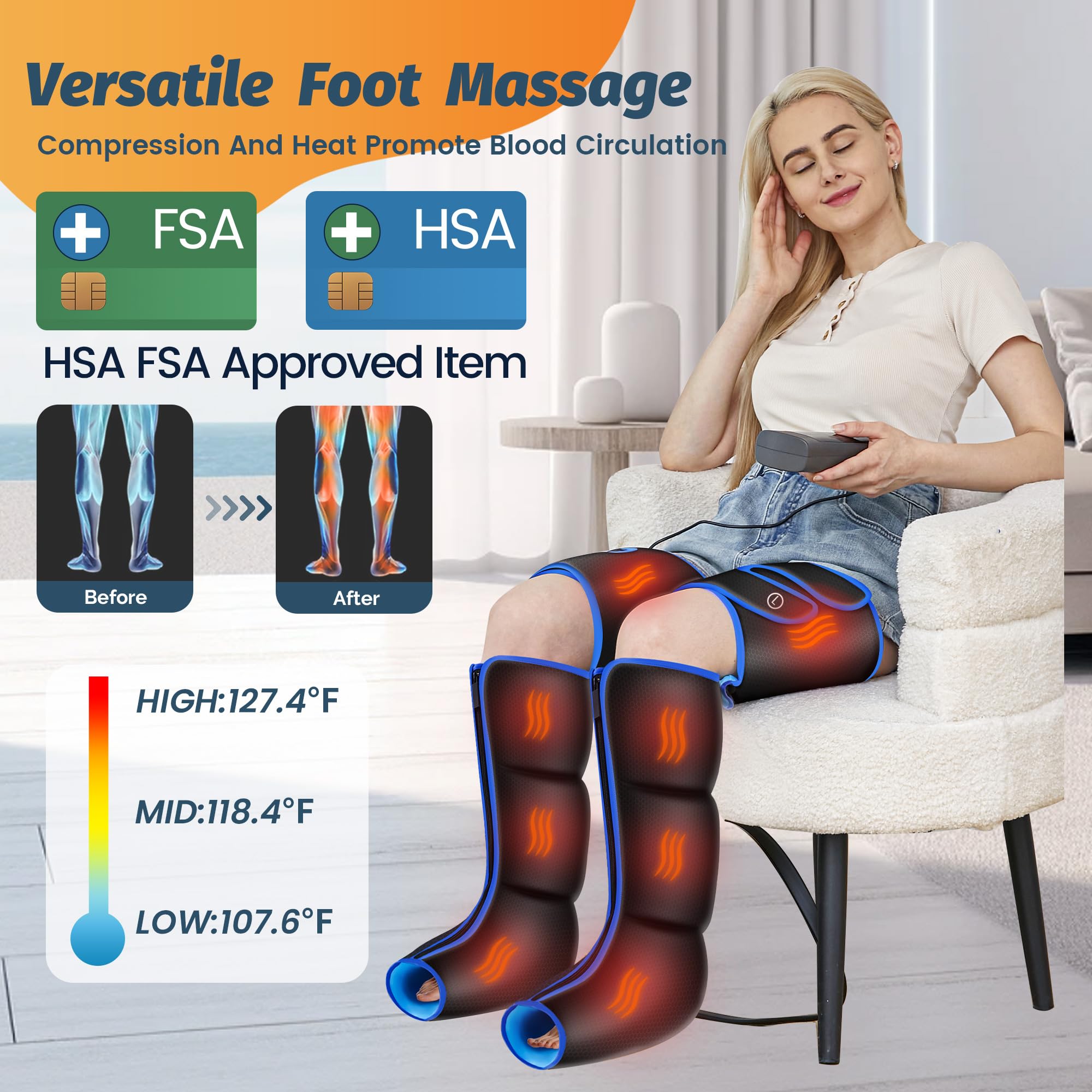 BIEAMA leg air massager provides full-leg coverage for calves, thighs, and feet.