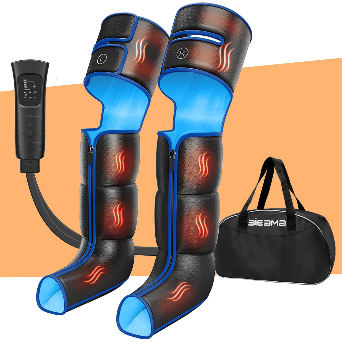 BIEAMA leg air massager remote control showing adjustable heat and mode options for tailored relief.