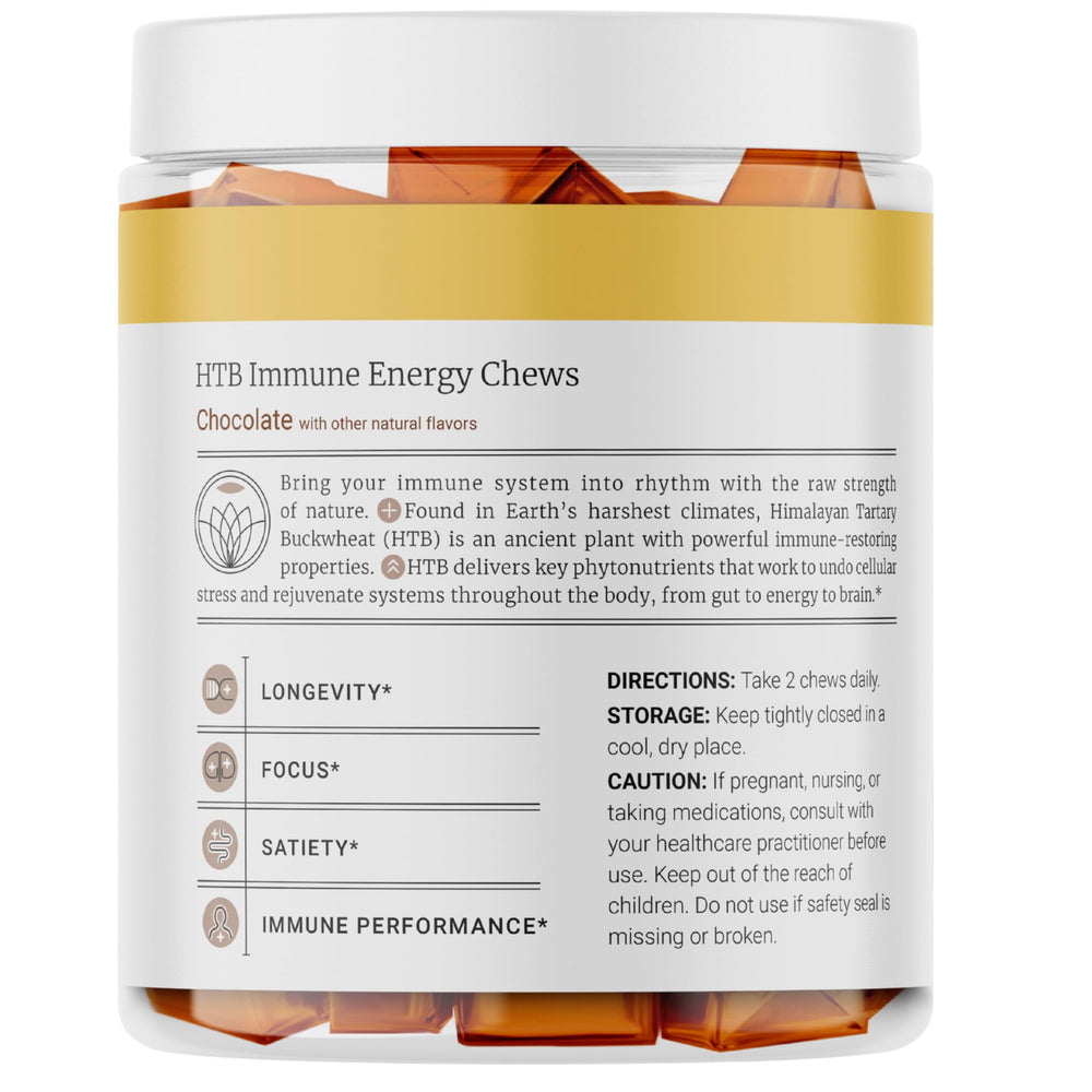 Chocolate-flavored HTB chews inviting daily energy without caffeine crashes.