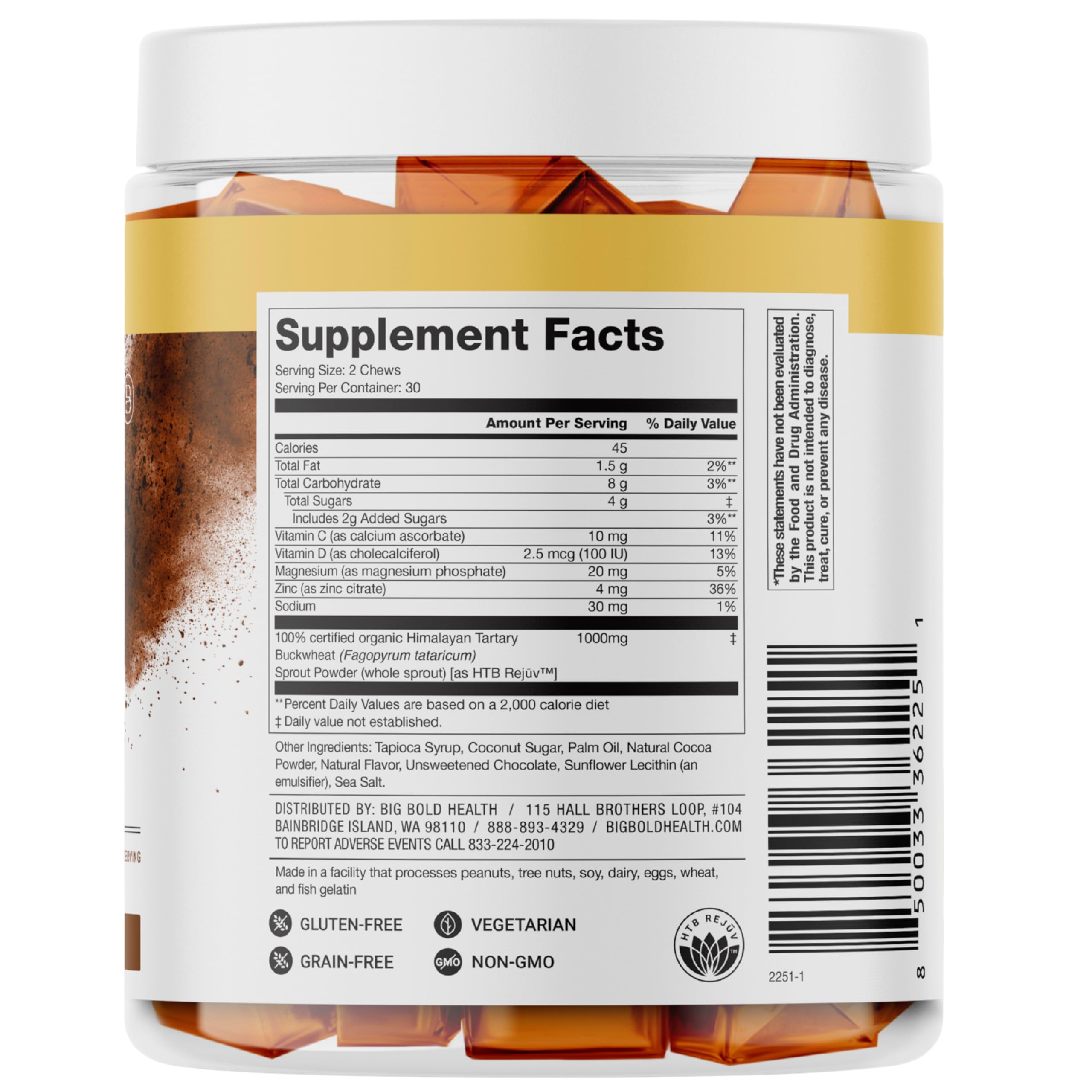Packaging showing vegan, non-GMO, gluten-free credentials for HTB chews.
