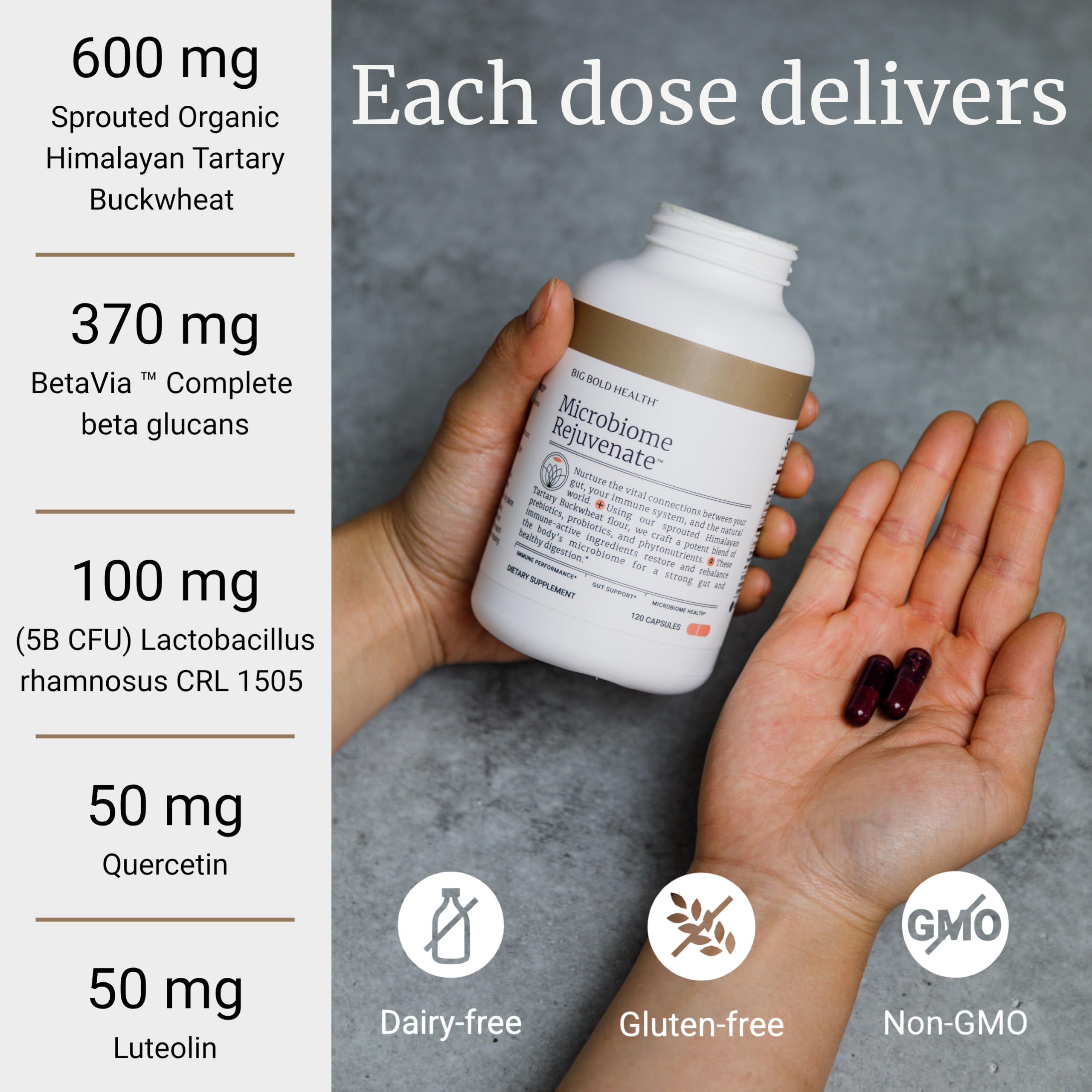 BIG BOLD HEALTH Microbiome Rejuvenate bottle angled shot conveys immune-supporting and gut-friendly benefits.