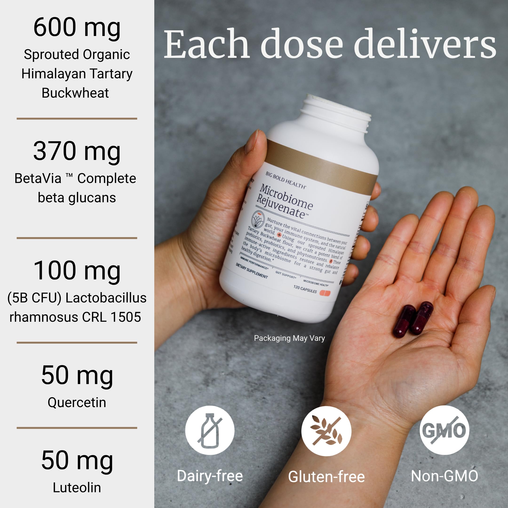 BIG BOLD HEALTH bottle shows dosage guidelines for daily two-capsule routine.