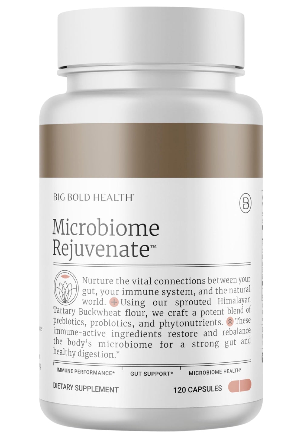 BIG BOLD HEALTH Microbiome Rejuvenate bottle label highlights gluten-free probiotic blend for gut health.