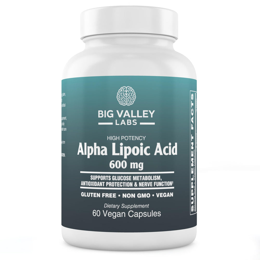 Big Valley Labs Alpha-Lipoic Acid 600 mg bottle shown for daily antioxidant support.