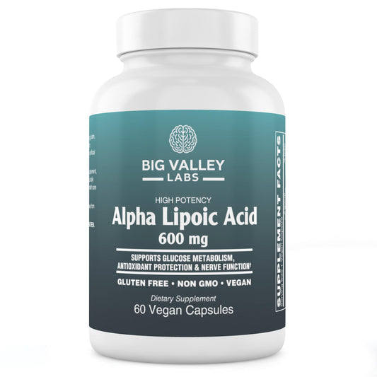Big Valley Labs Alpha-Lipoic Acid 600 mg bottle shown for daily antioxidant support.