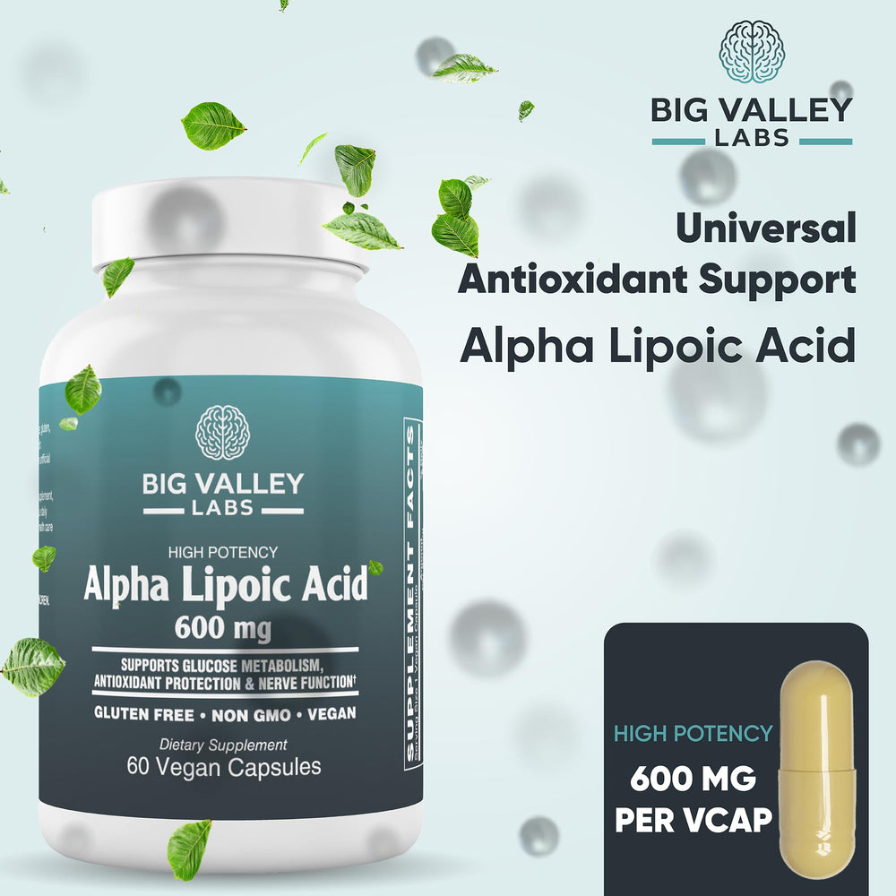Big Valley Labs Alpha-Lipoic Acid 600 mg label with ingredient highlights.