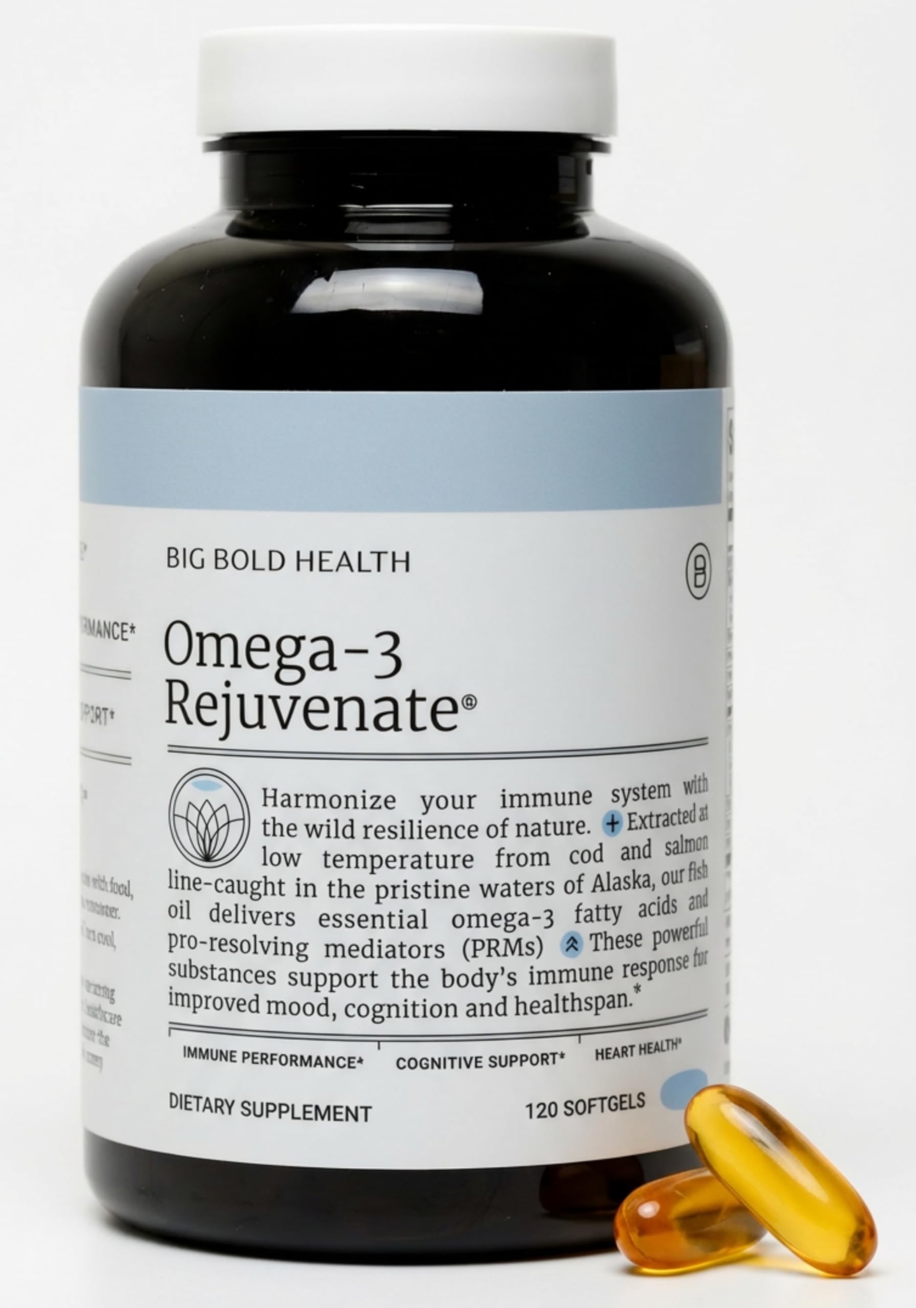 BIG BOLD HEALTH Omega-3 Rejuvenate bottle with 120 softgels for daily brain and immune support.