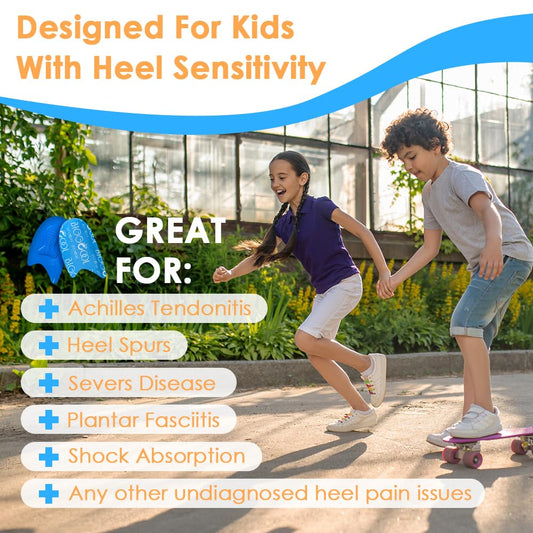 BIGGCOOL kid heel cups blue side view stay in place during activity.