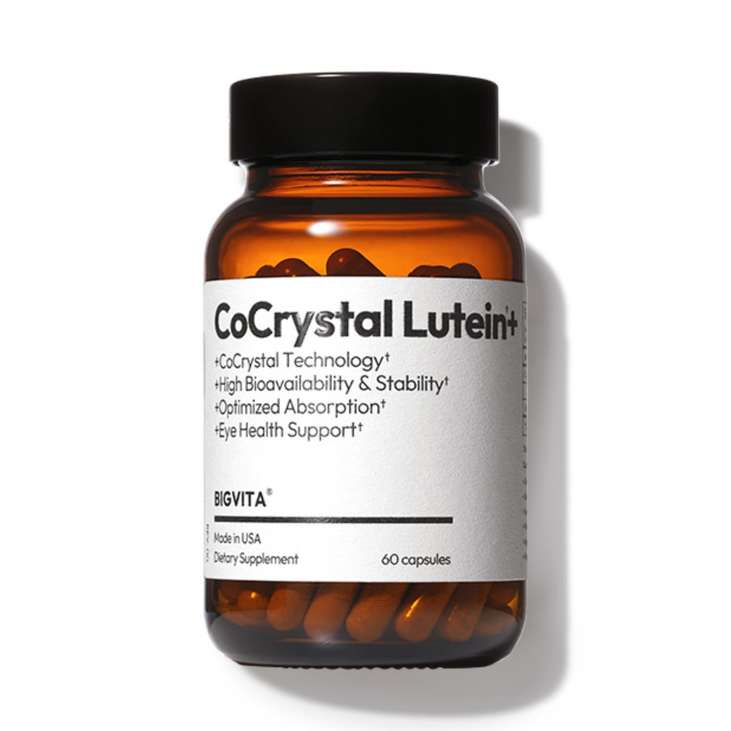 BIGVITA CoCrystal Lutein bottle close-up highlighting fast-absorbing eye support for digital screen users