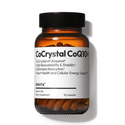 BIGVITA CoQ10 Ubiquinol bottle highlighting ultra-absorption for energy and heart health