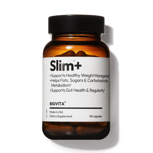 BIGVITA Slim+ bottle front highlighting a vegan metabolic support formula