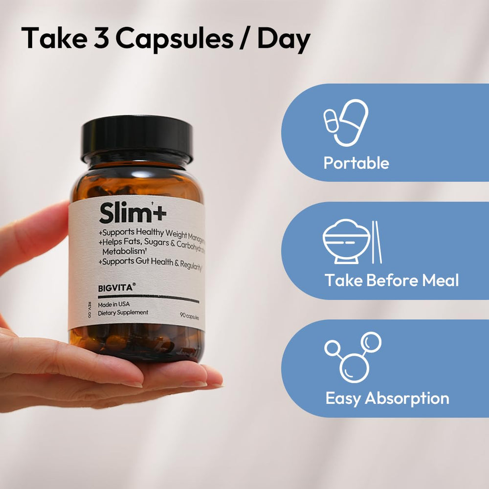 BIGVITA Slim+ capsules closeup emphasizing convenient daily capsules