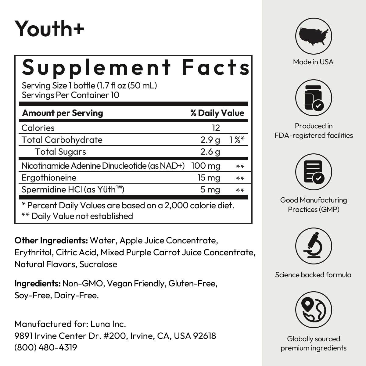BIGVITA Youth+ packaging close-up with quality seals and lab-tested claim.