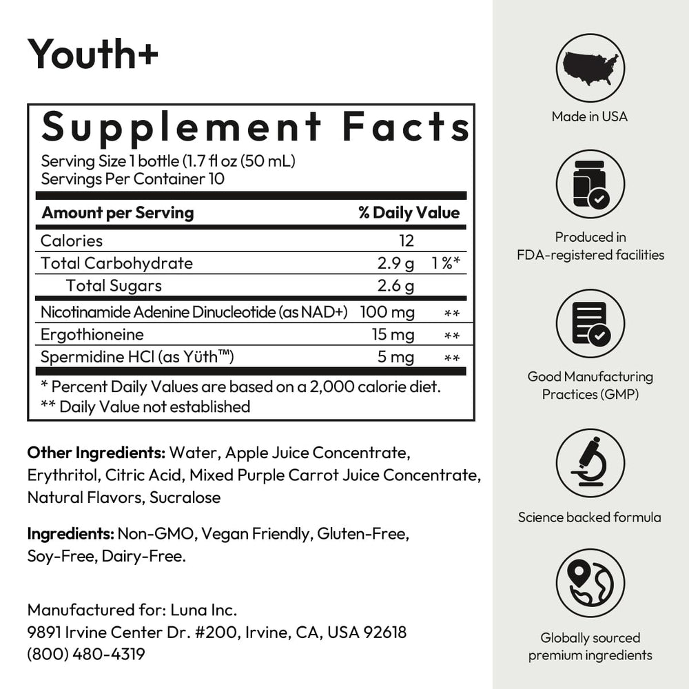 BIGVITA Youth+ packaging close-up with quality seals and lab-tested claim.