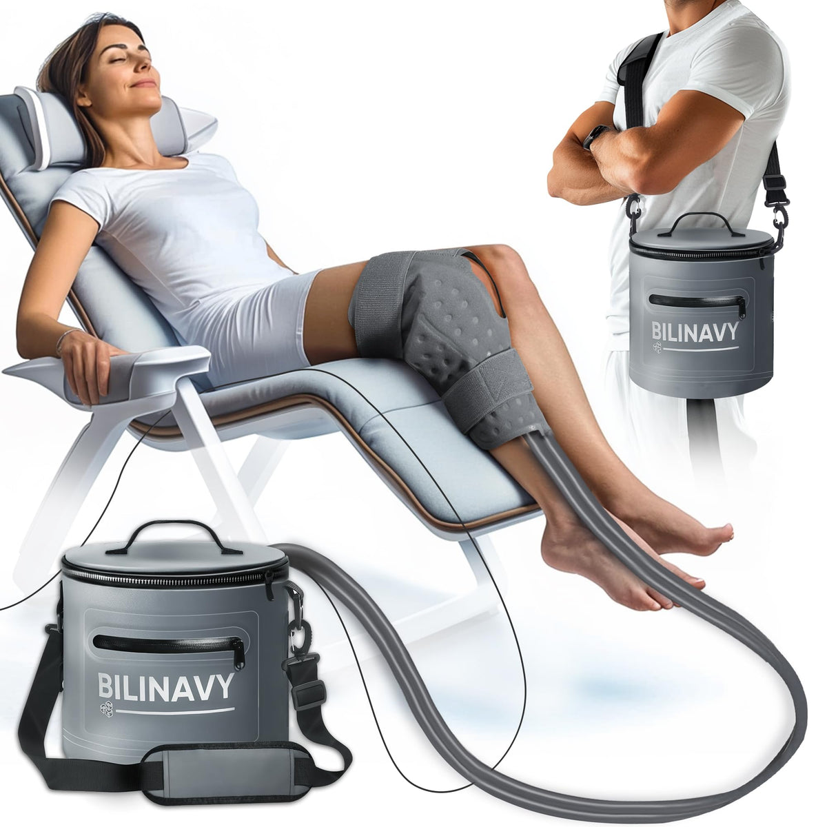 BilinavyNew cold therapy machine with knee pad providing targeted cooling therapy.