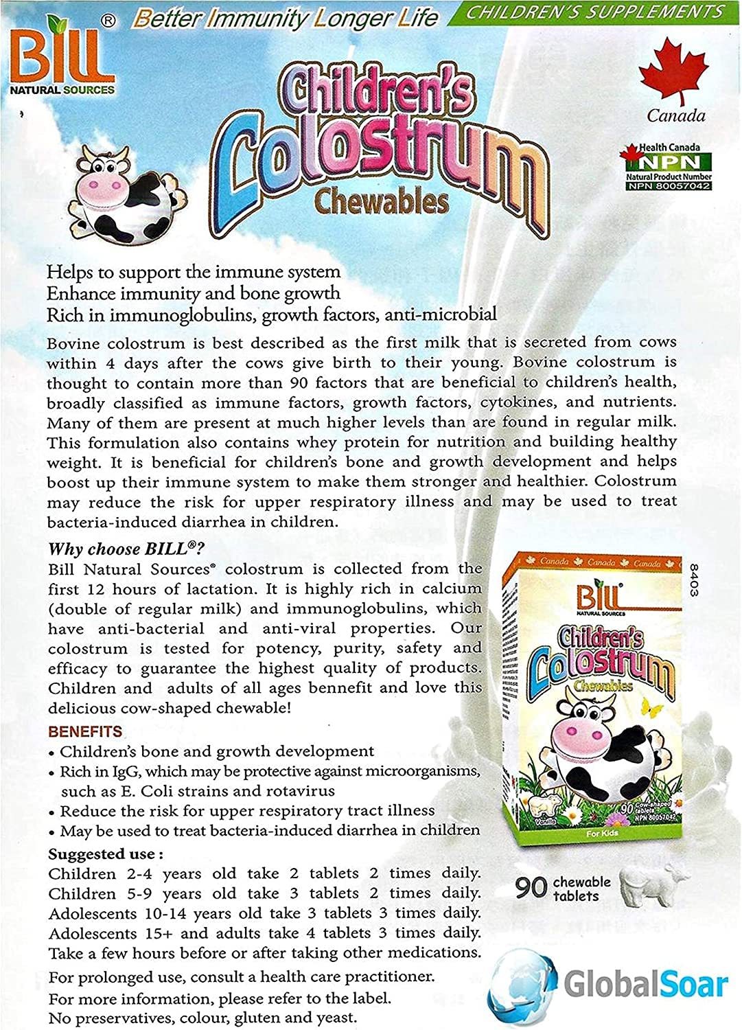 Front view of Bill Beauty Children's Colostrum Chewables tablet packaging