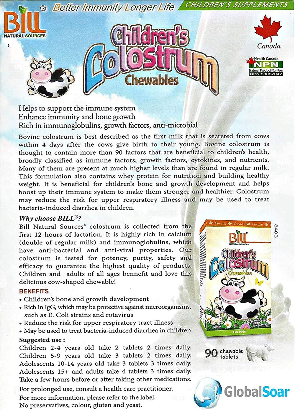 Front view of Bill Beauty Children's Colostrum Chewables tablet packaging