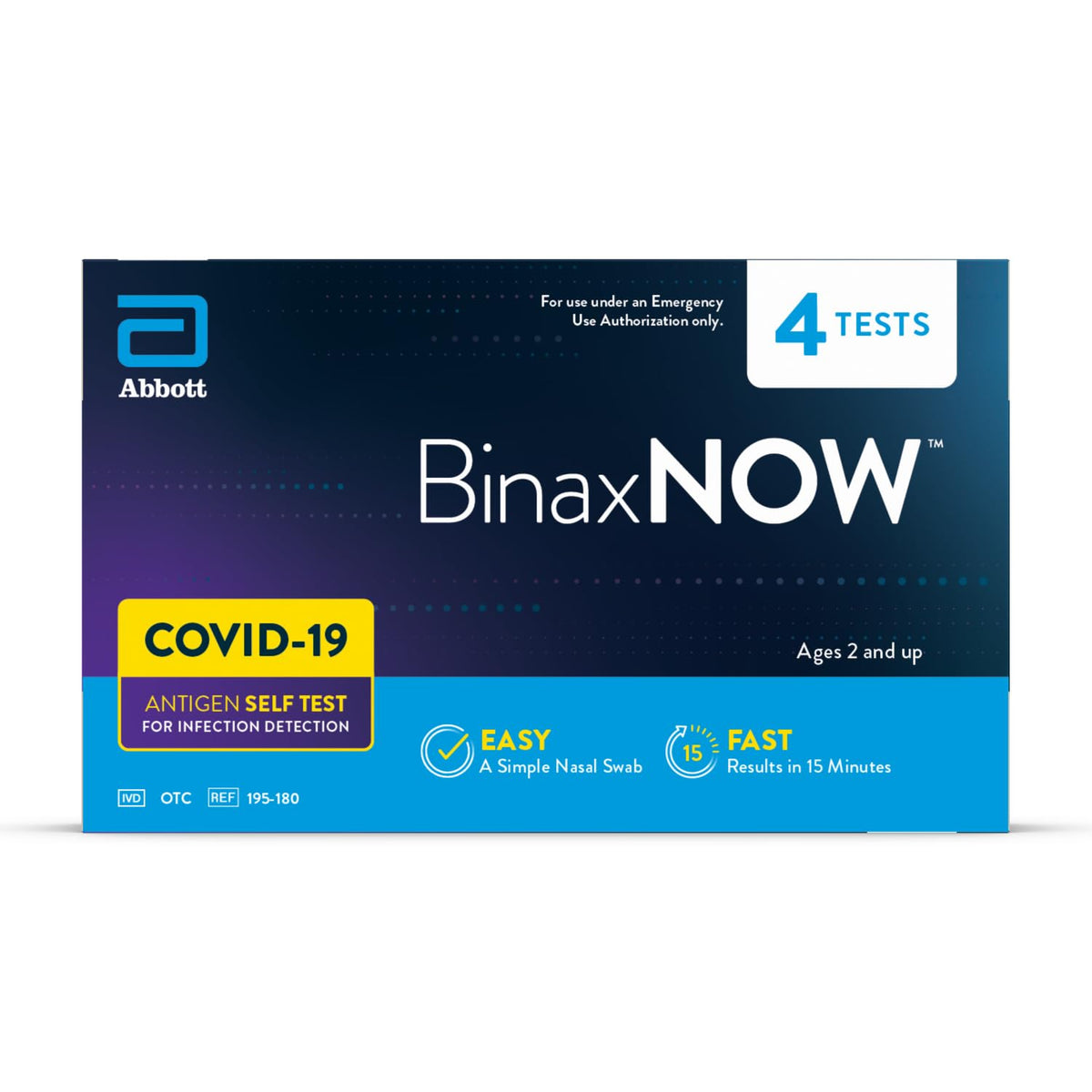 BinaxNOW rapid test kit package shown for at-home use