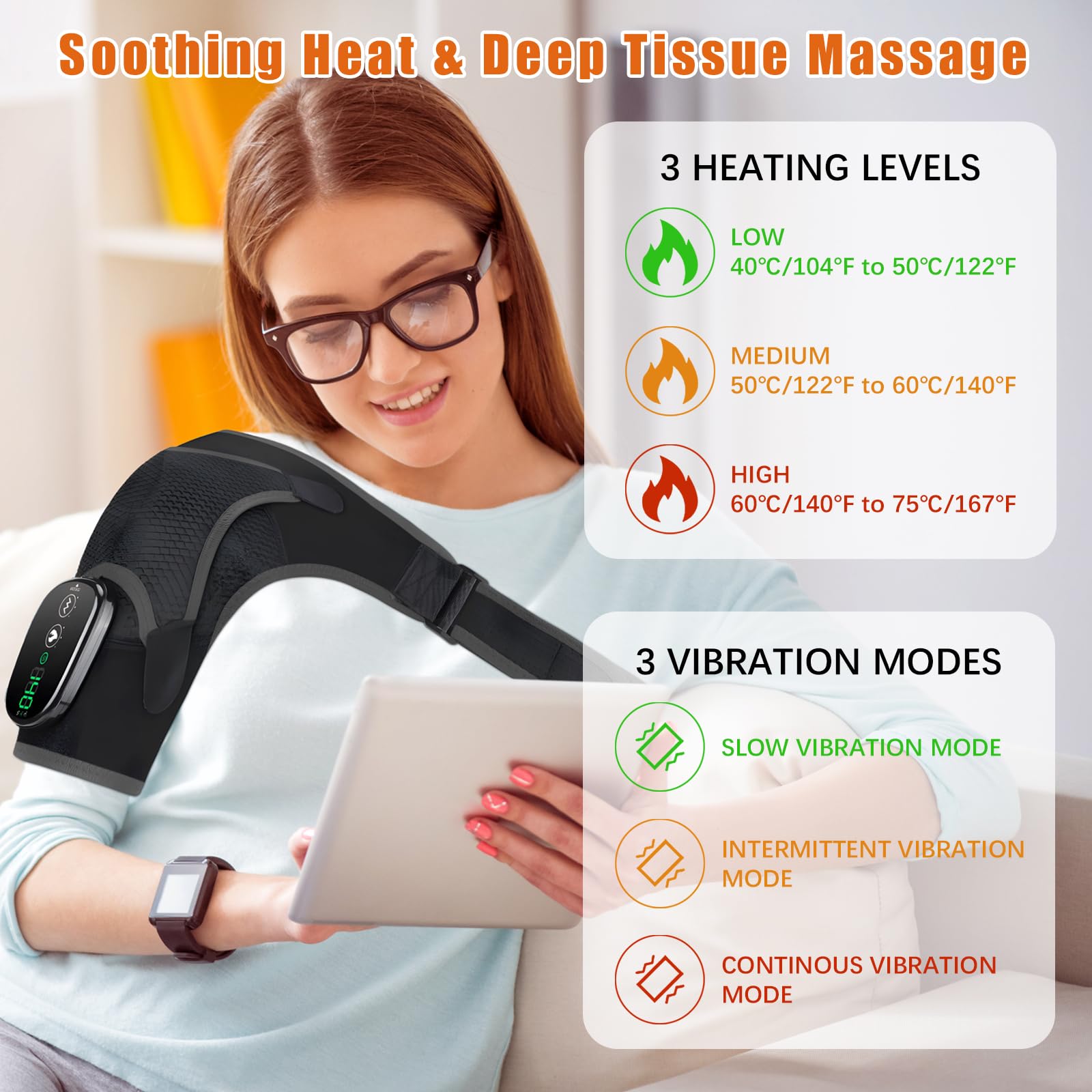 BINGONE shoulder massager shows 3 heat levels for personalized comfort.