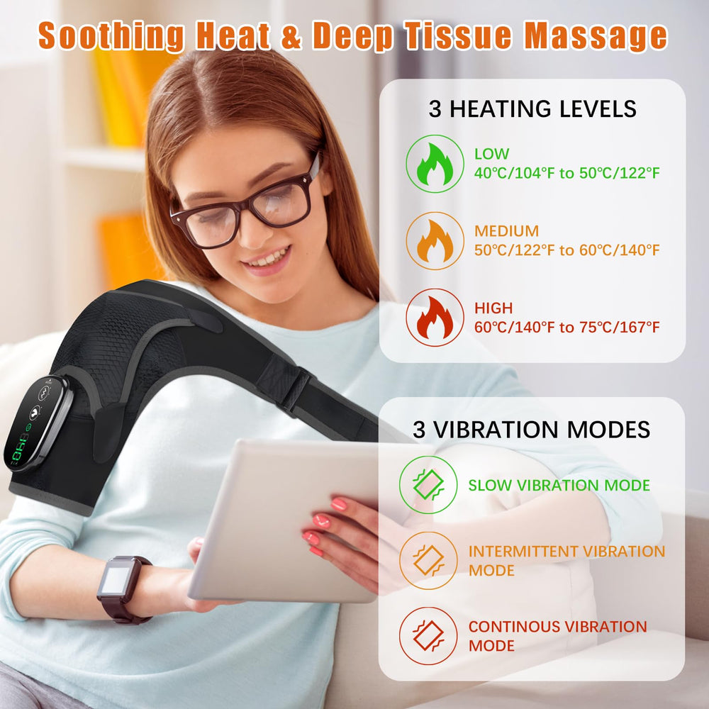 BINGONE shoulder massager shows 3 heat levels for personalized comfort.